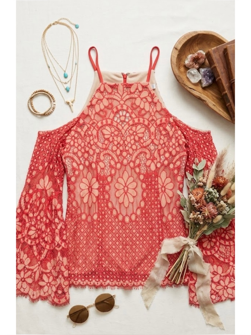 K. Jordan Cold Shoulder High Neck Lace Overlay Bell Sleeve Top
